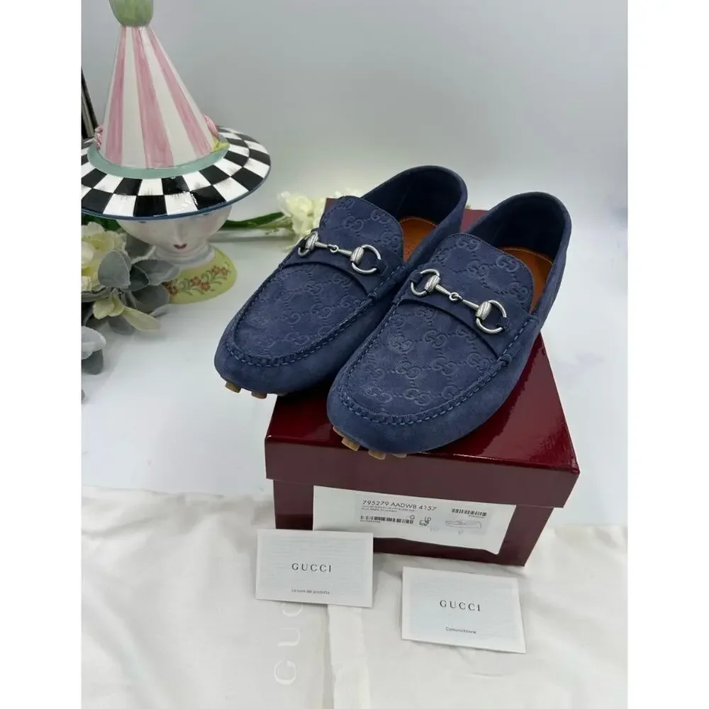 Men's Gucci GG embossed suede driver loafers size 10 fits 10.5 US made in Italy